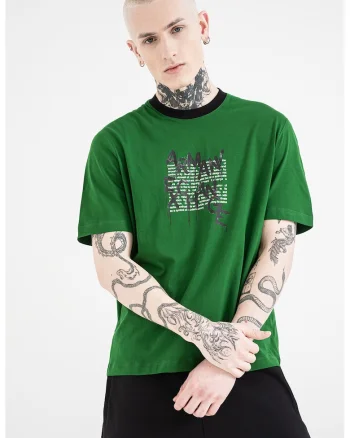 Tricou cu decolteu la baza gatului si logo, Verde/Negru