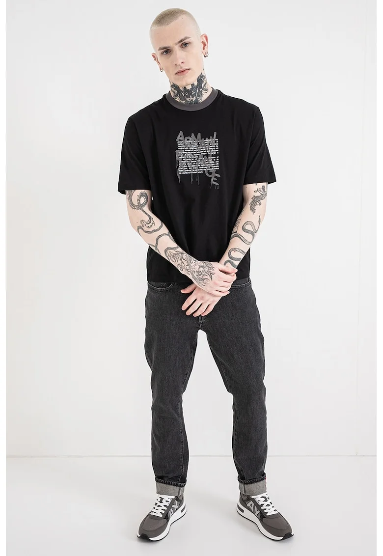 Tricou cu decolteu la baza gatului si logo, Negru/Gri/Alb murdar
