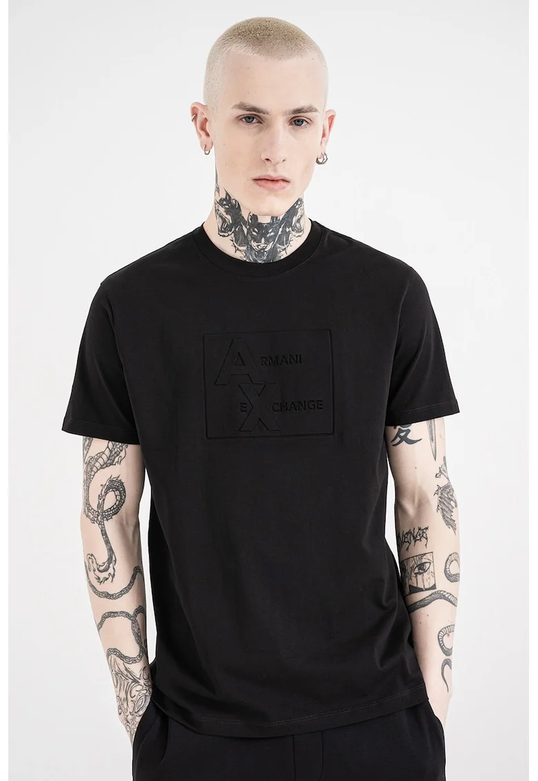 Tricou de bumbac cu decolteu la baza gatului, Negru