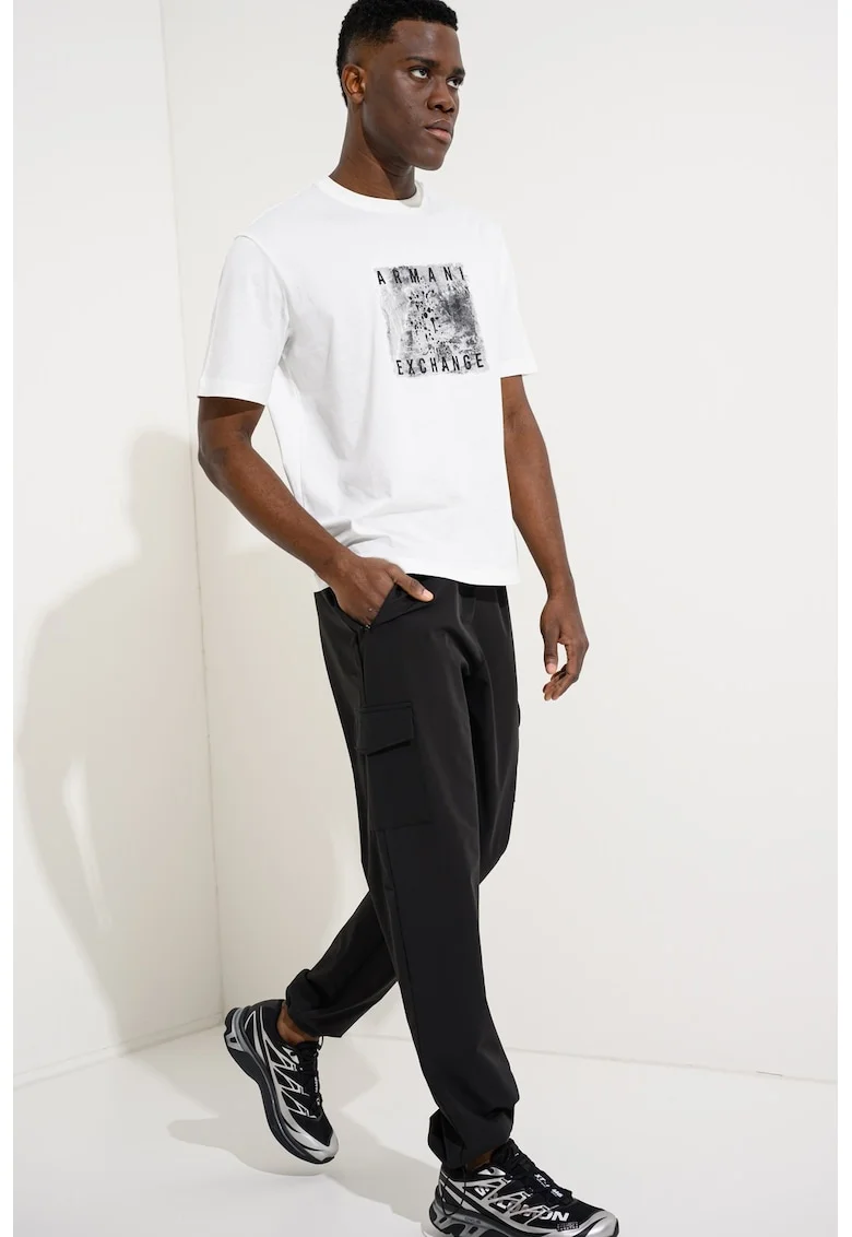 Tricou cu logo si decolteu la baza gatului, Alb/Negru/Gri inchis