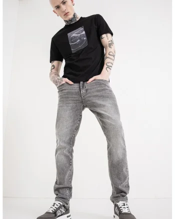 Tricou de bumbac cu model grafic, Negru/Gri cenusiu