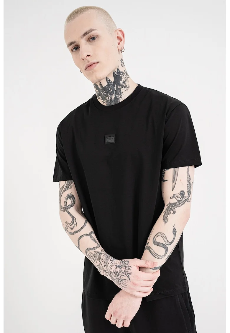 Tricou de bumbac cu decolteu la baza gatului si logo, Negru