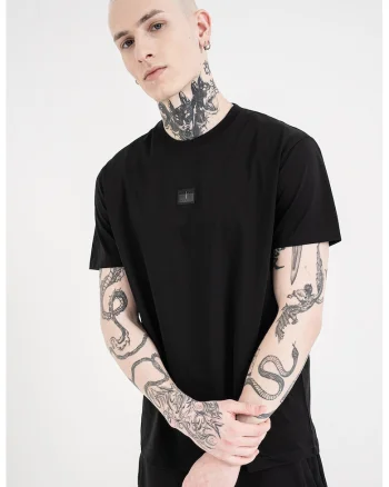 Tricou de bumbac cu decolteu la baza gatului si logo, Negru