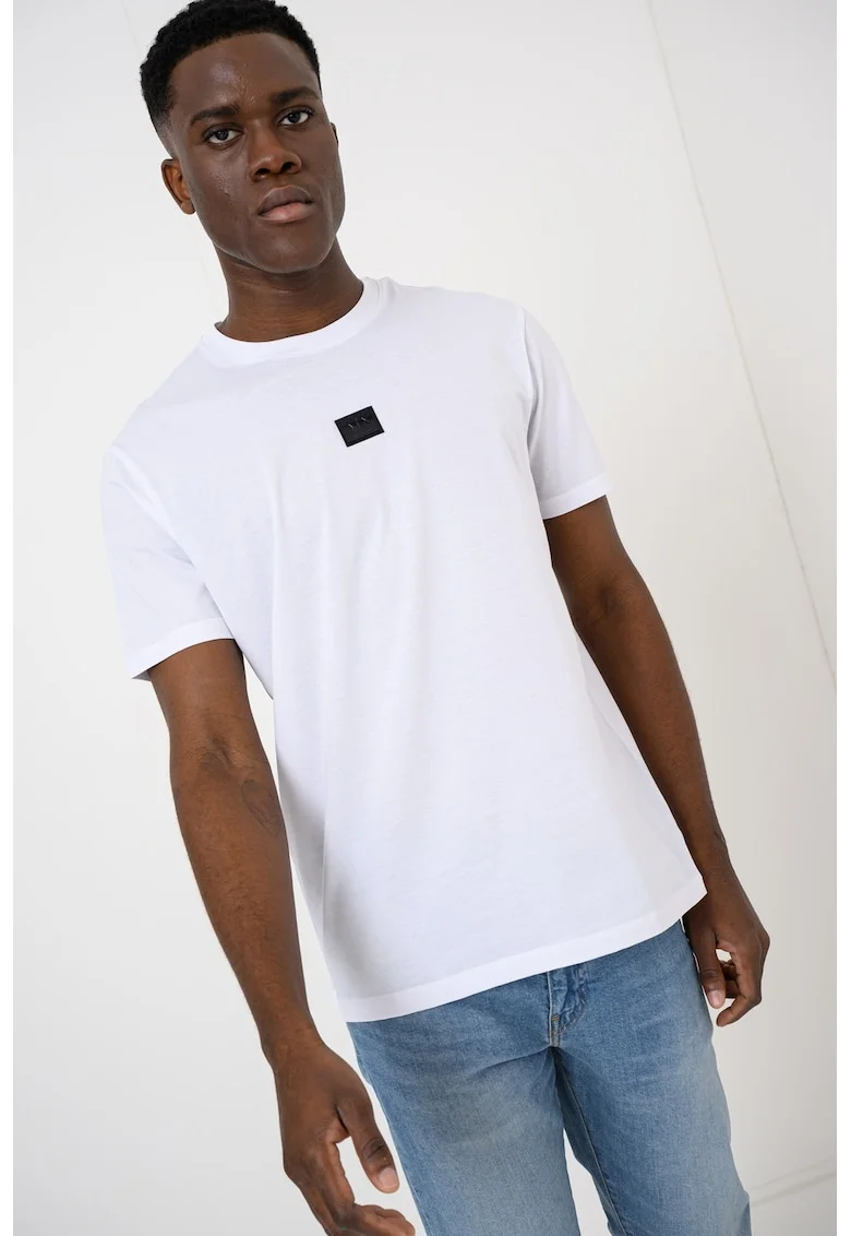 Tricou de bumbac cu decolteu la baza gatului si logo, Negru/Alb optic