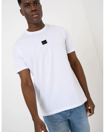 Tricou de bumbac cu decolteu la baza gatului si logo, Negru/Alb optic