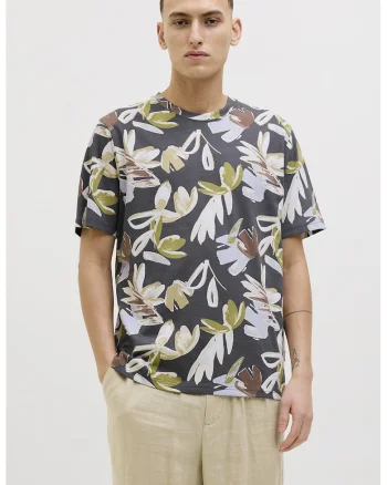 Tricou cu decolteu la baza gatului si model, Verde masliniu/Alb murdar/Gri inchis