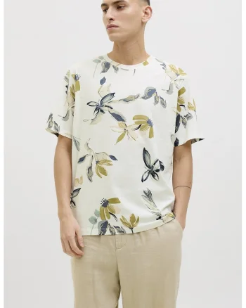 Tricou cu decolteu la baza gatului si model, Verde/Verde masliniu/Alb murdar