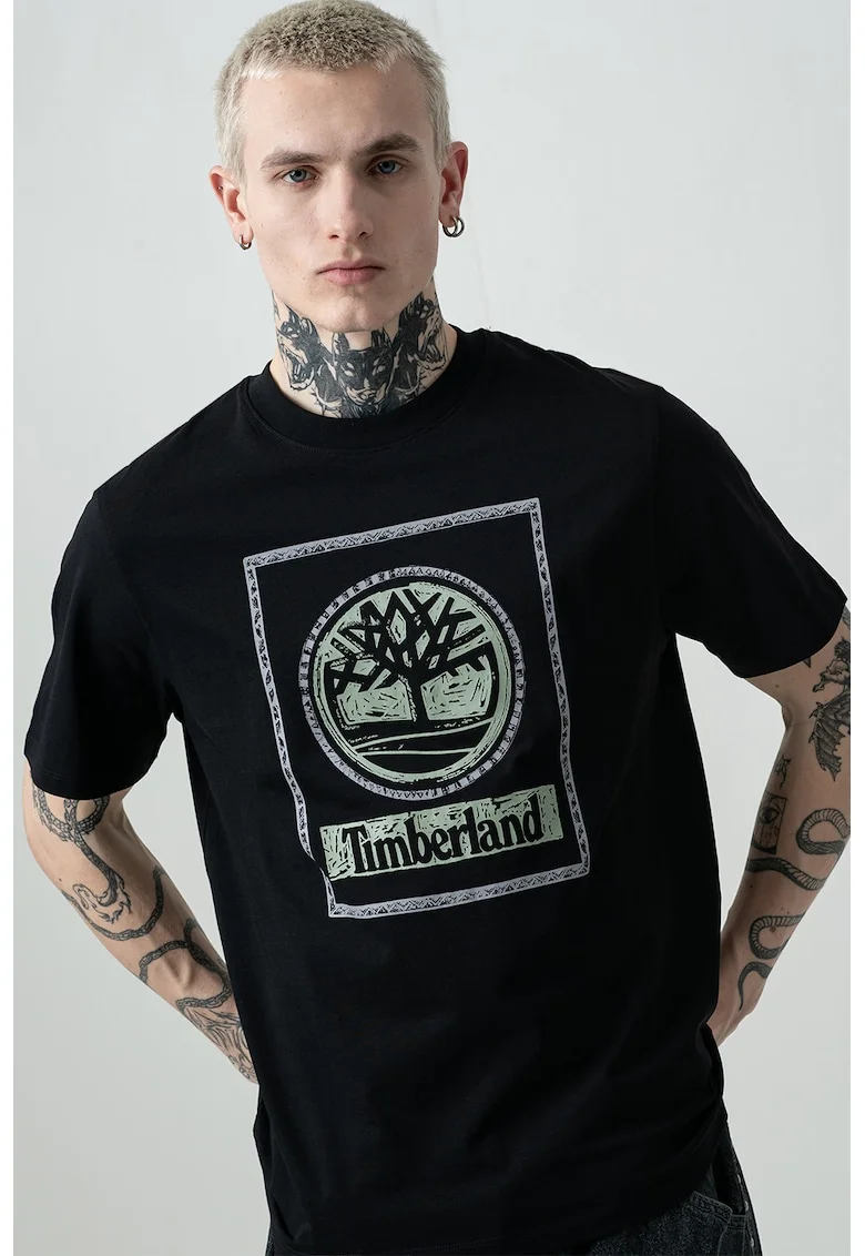 Tricou cu logo si decolteu la baza gatului, Negru/Verde pal