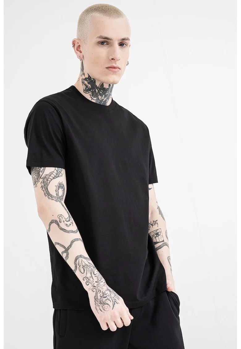 Tricou de bumbac cu decolteu la baza gatului, Negru