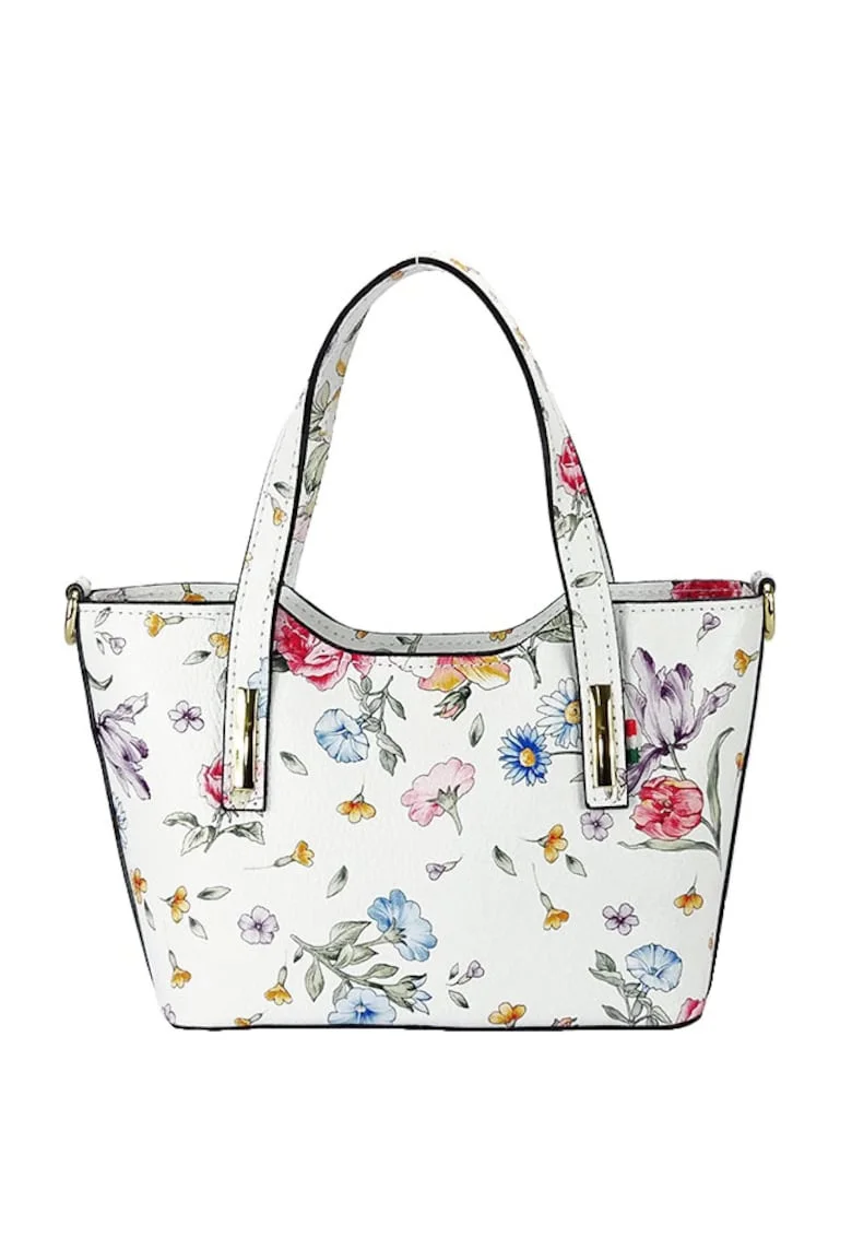 Geanta alba din piele naturala cu imprimeu floral 8904 131 19189, Alb
