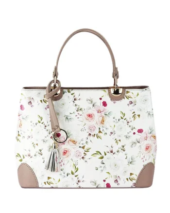 Geanta nude cu imprimeu floral din piele naturala 1330 M9 19197, Nude