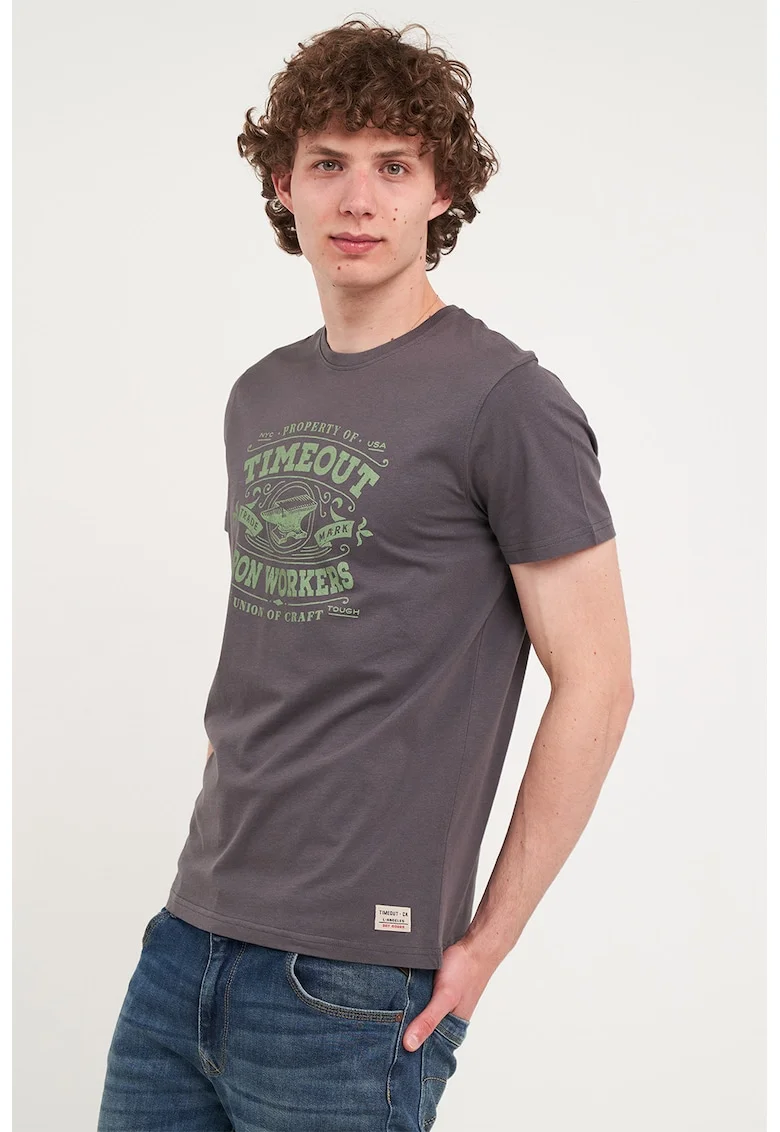 Tricou cu design grafic si decolteu la baza gatului, Verde pal/Lila pal