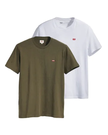 Set de tricouri din bumbac cu logo brodat discret - 2 piese, Alb/Verde masliniu