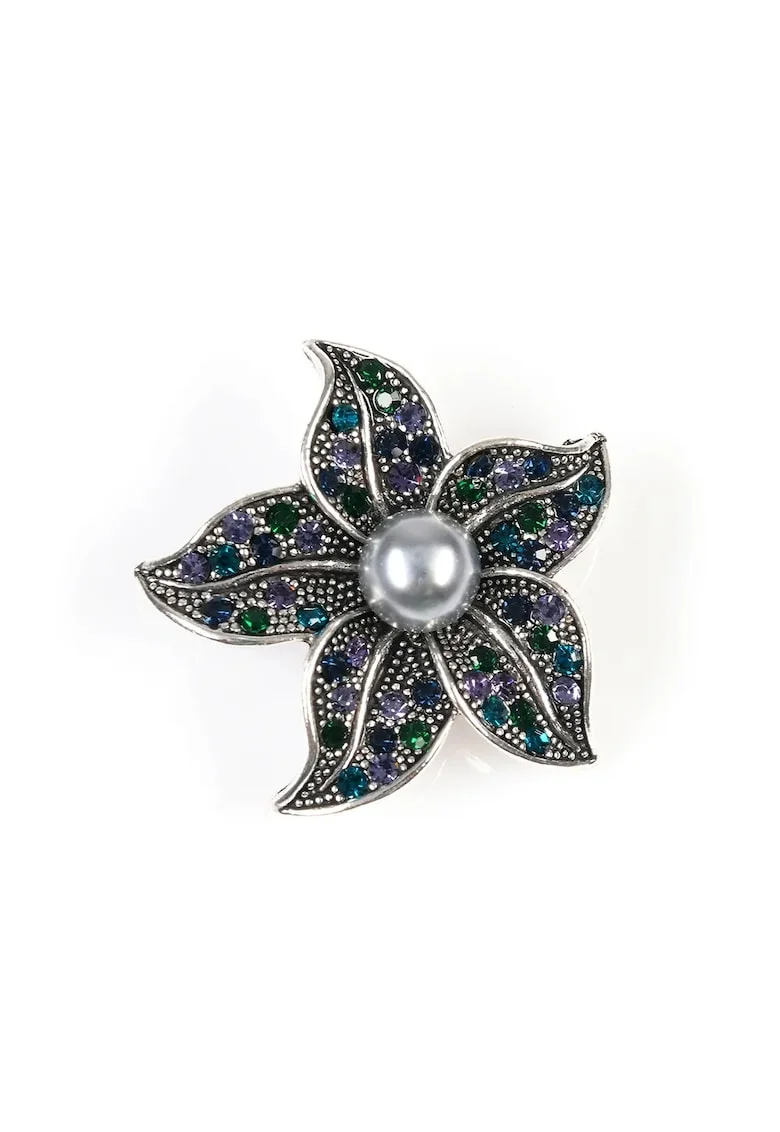 Brosa martisor floare argintie cu pietre colorate si perla