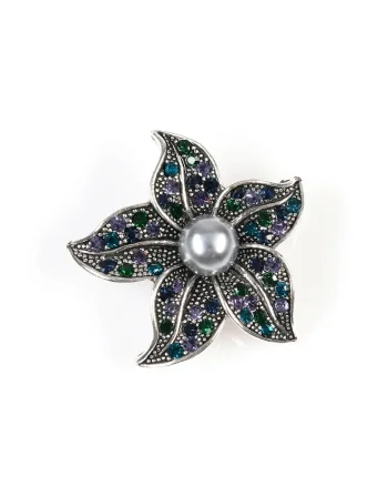 Brosa martisor floare argintie cu pietre colorate si perla