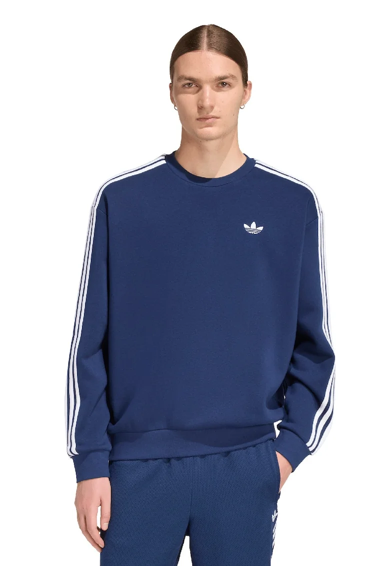 Bluza de trening cu croiala lejera si 3 dungi, Alb/Bleumarin