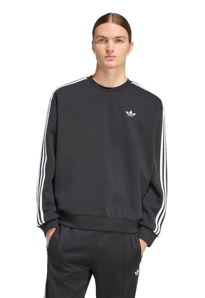 Bluza de trening cu croiala lejera si 3 dungi, Alb/Negru