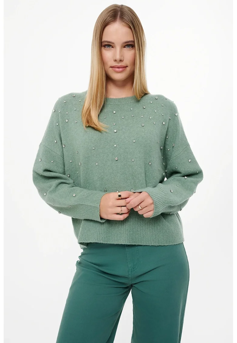 Pulover din amestec de lana cu strasuri, Verde deschis/Argintiu