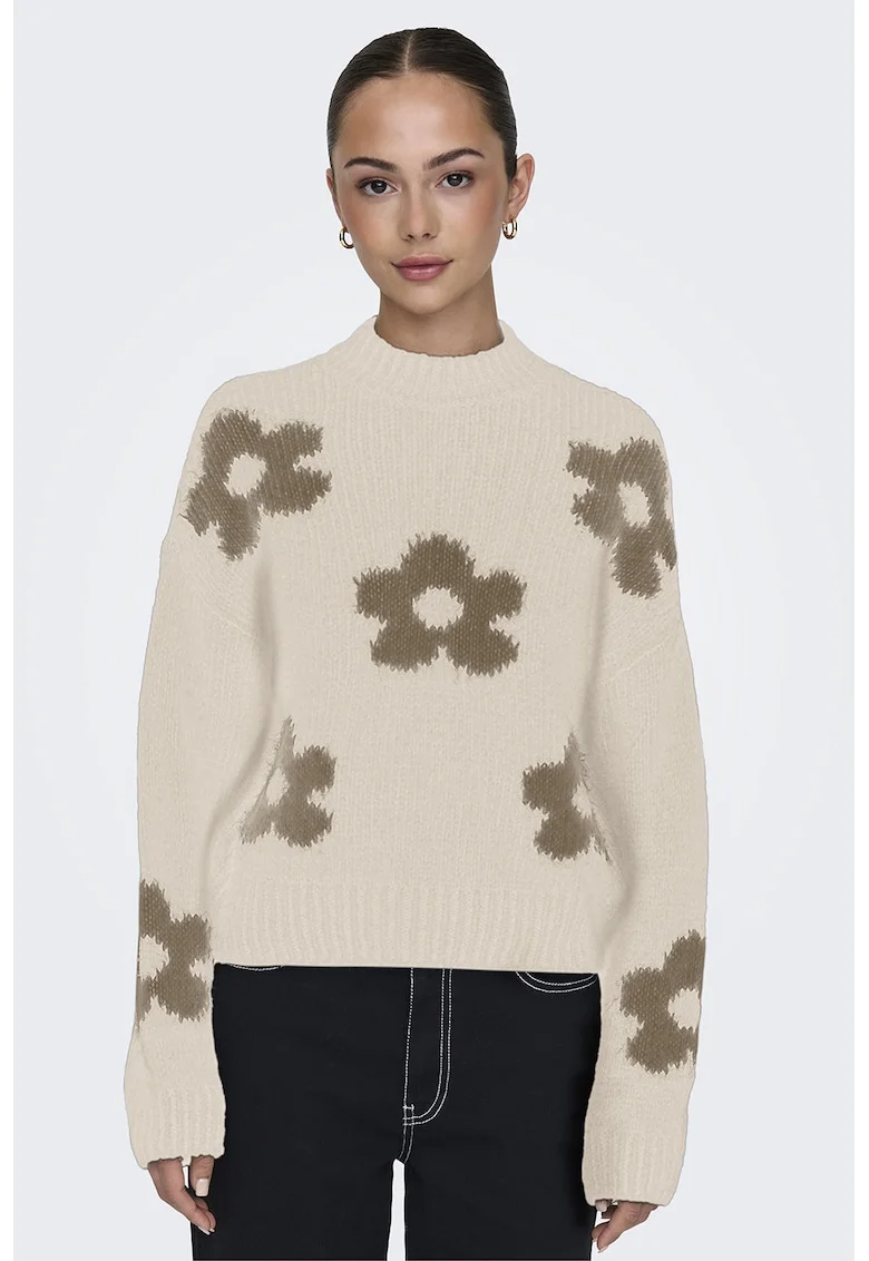 Pulover cu maneci cazute si model floral, Maro inchis/Bej deschis