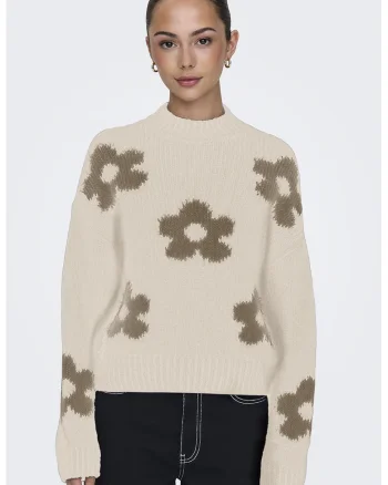 Pulover cu maneci cazute si model floral, Maro inchis/Bej deschis