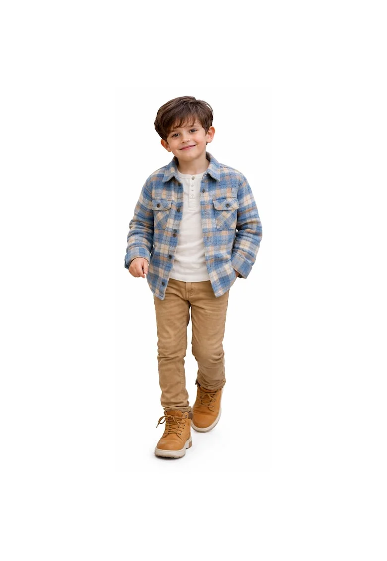 Camasa iDO pentru baieti cu carouri, oversized din jacard Albastru deschis BeJ