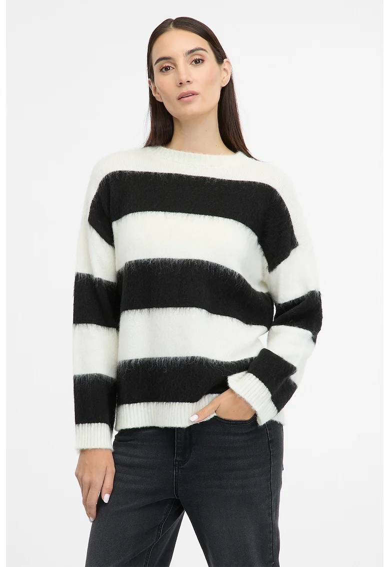 Pulover din amestec de lana cu model in dungi, Alb/Negru