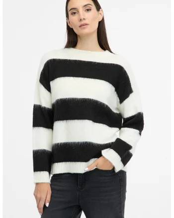 Pulover din amestec de lana cu model in dungi, Alb/Negru