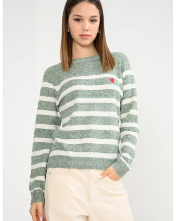 Pulover tricotat cu model in dungi, Alb/Verde pal