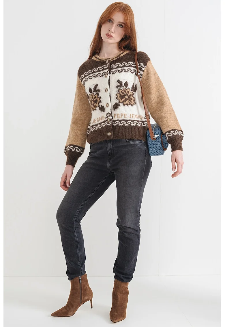 Cardigan din amestec de lana cu nasturi, Maro inchis/Bej deschis