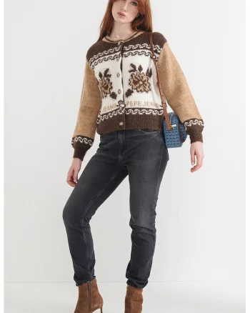 Cardigan din amestec de lana cu nasturi, Maro inchis/Bej deschis