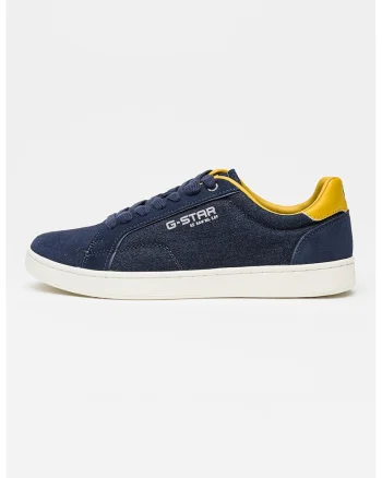 Pantofi sport low-cut din denim cu piele intoarsa, Galben miere/Bleumarin