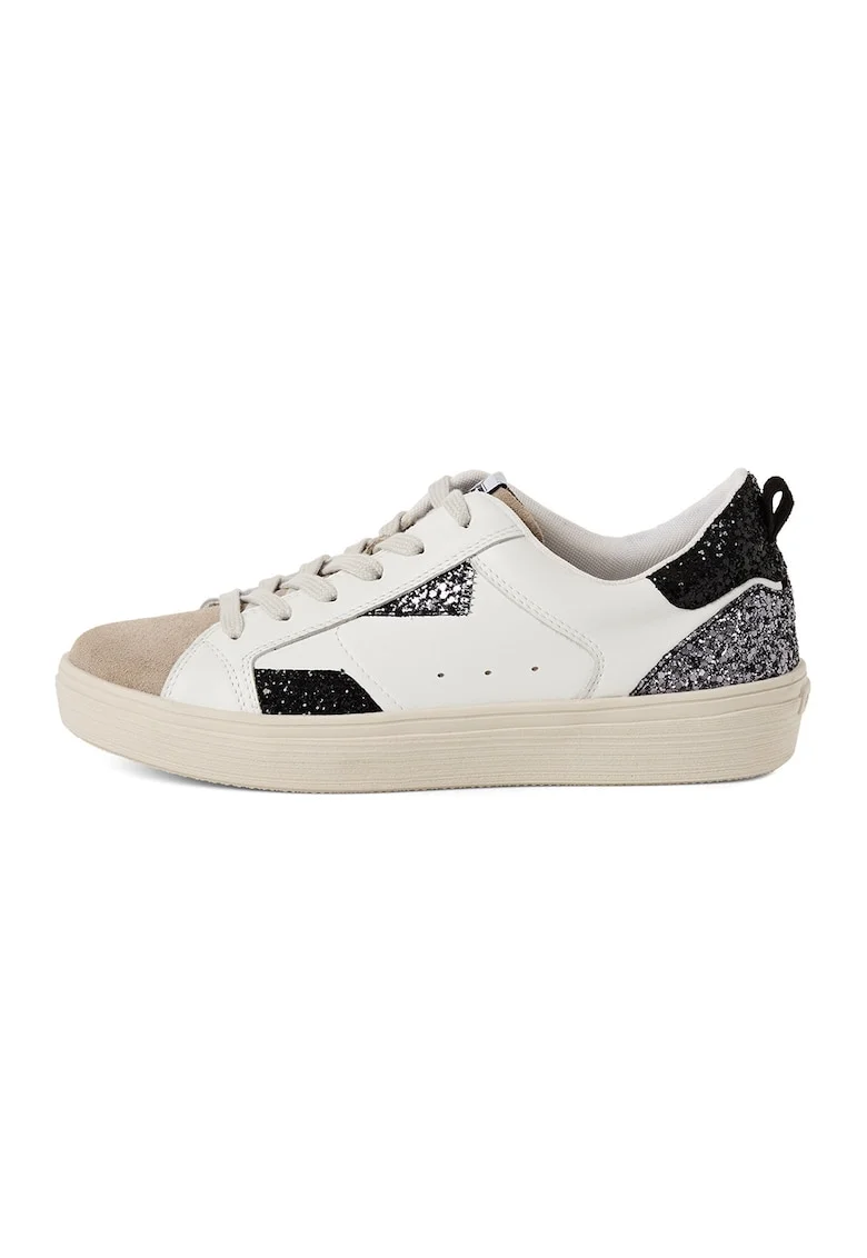 Pantofi sport de piele intoarsa si piele cu animal print, Alb/Negru/Argintiu