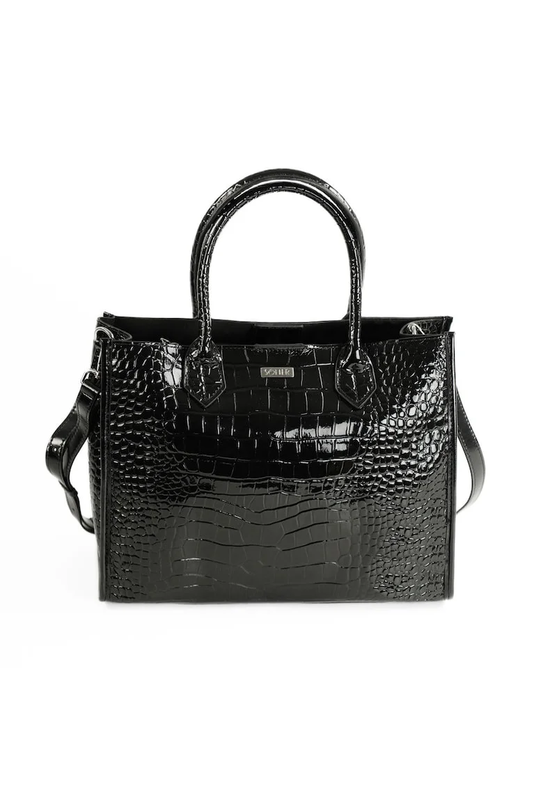 Geanta tote de umar pentru femei  FL62 SILVANA – piele lacuita cu textura de crocodil – curea de umar reglabila – neagra