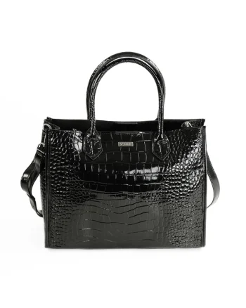 Geanta tote de umar pentru femei  FL62 SILVANA – piele lacuita cu textura de crocodil – curea de umar reglabila – neagra