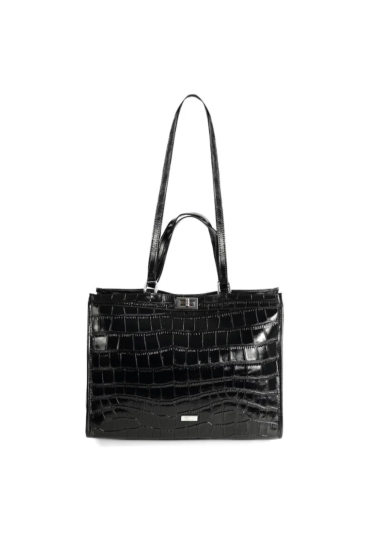 Geanta shopper dama,  FL63 Noirelle, piele naturala, forma structurata, neagra, 35.5x28x13.5cm