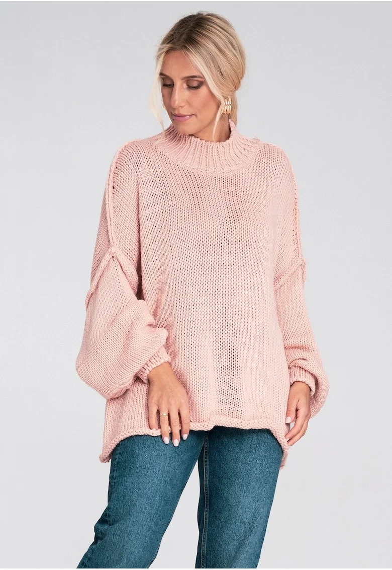 Pulover supradimensionat  maneci bufante, tricotaj acrilic, pentru femei, Roz