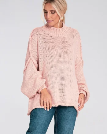 Pulover supradimensionat  maneci bufante, tricotaj acrilic, pentru femei, Roz