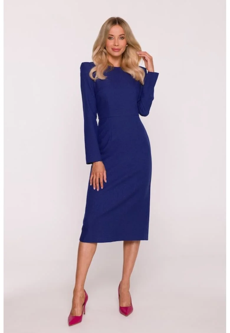 Rochie midi, S412 Negru, Decolteu rotund, Maneci lungi, Albastru