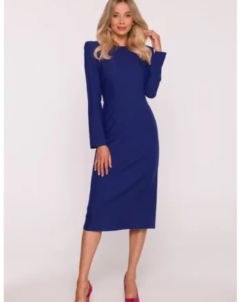 Rochie midi, S412 Negru, Decolteu rotund, Maneci lungi, Albastru