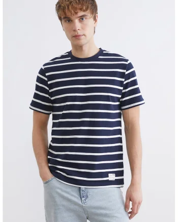 Tricou din bumbac cu dungi, Alb/Bleumarin