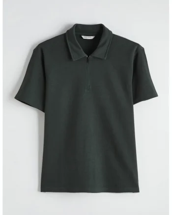 Tricou polo cu model uni si fenta cu fermoar, Verde inchis