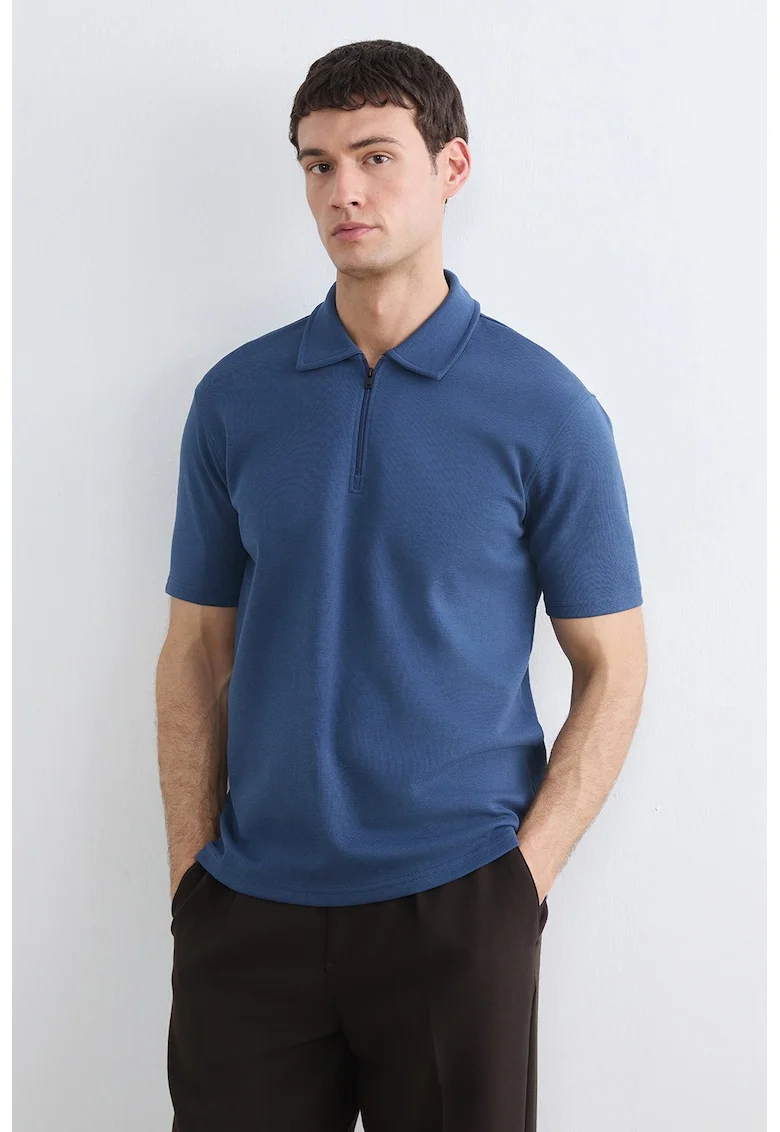 Tricou polo cu model uni si fenta cu fermoar, Albastru indigo