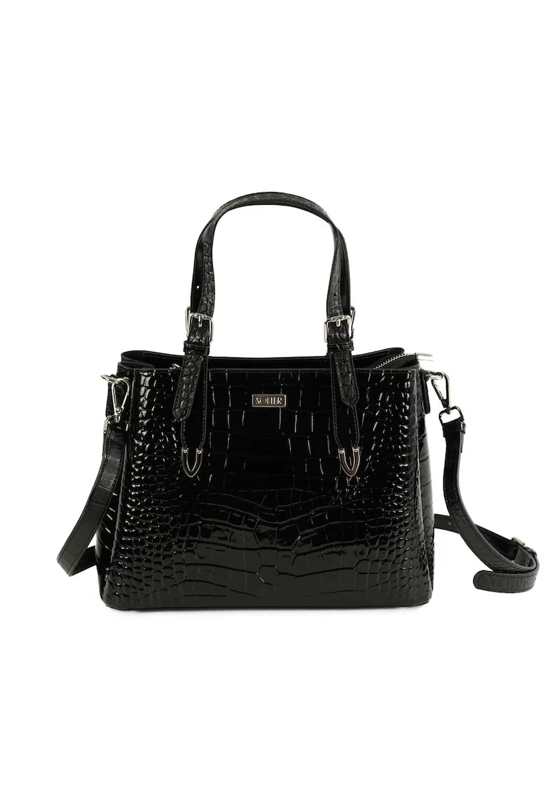 Geanta tote de umar pentru femei  FL45 VELORIA – piele lacuita cu textura de crocodil – curea de umar reglabila – neagra