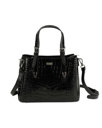 Geanta tote de umar pentru femei  FL45 VELORIA – piele lacuita cu textura de crocodil – curea de umar reglabila – neagra