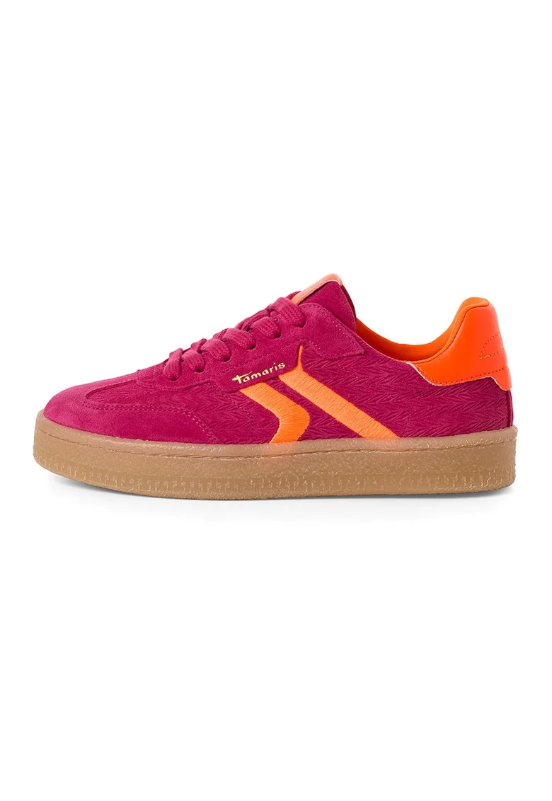 Pantofi sport din piele intoarsa si aspect texturat, Portocaliu/Roz inchis