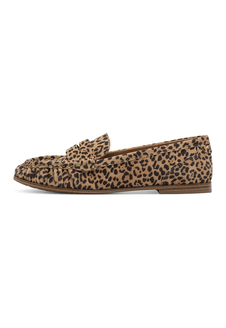 Pantofi loafer penny din piele intoarsa cu animal print, Negru/Maro