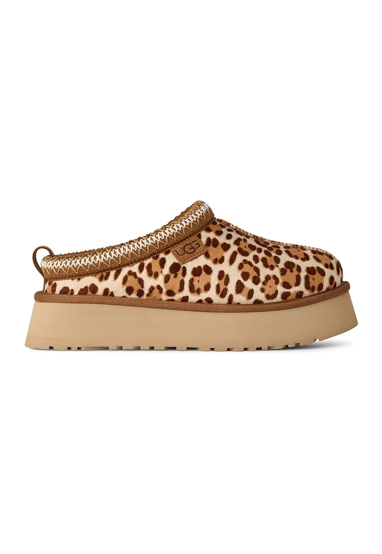 Saboti din piele cu par scurt cu model animal print Tazz, Maro/Crem