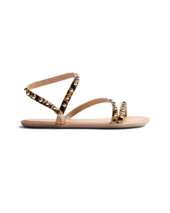 Sandale de piele cu barete multiple si animal print, Negru/Maro
