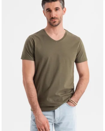 Tricou uni cu decolteu in V, Verde masliniu