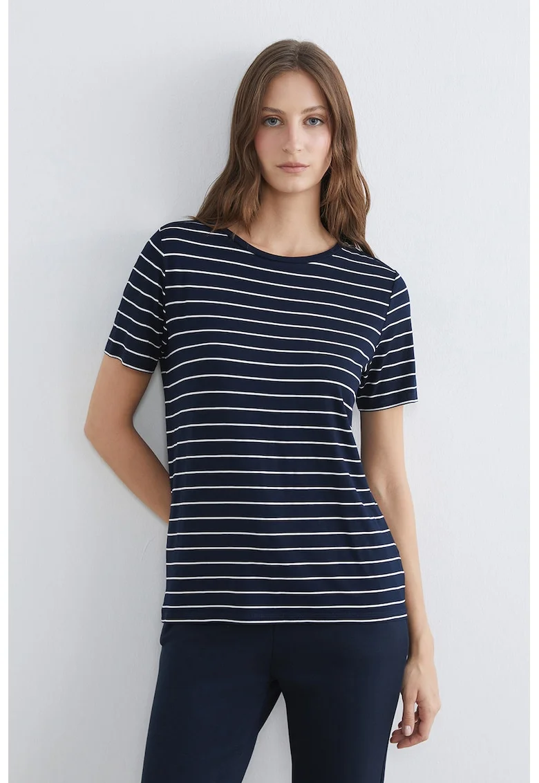 Tricou cu decolteu la baza gatului si dungi, Alb/Bleumarin